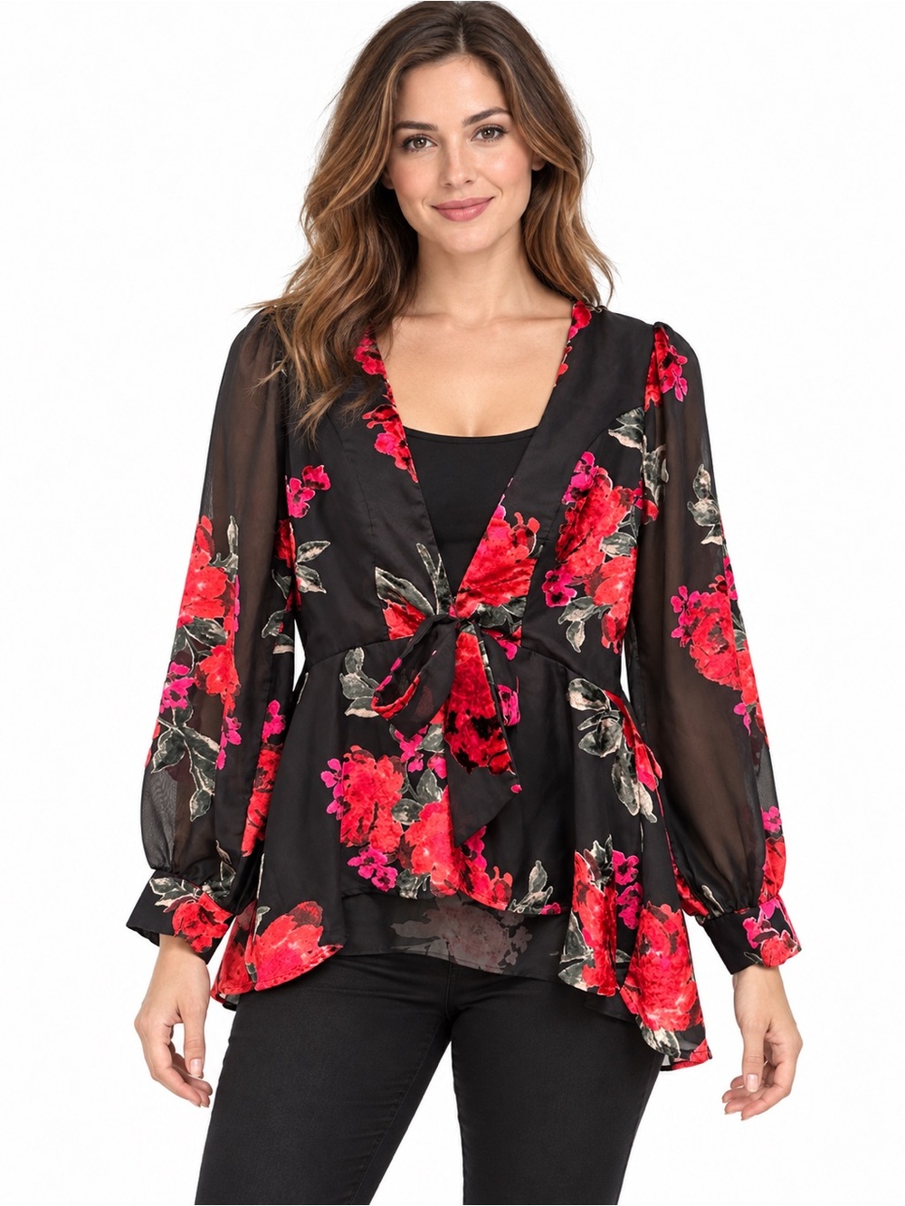 Velvet Burnout Dark Floral Sheer V Neck Floral Tie-Front Blouse Kimono Sz M